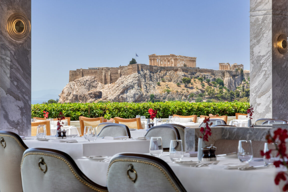 Rooftop restaurant overlooking Syntagma Square and the Acropolis at Hotel Grande Bretagne, Athens