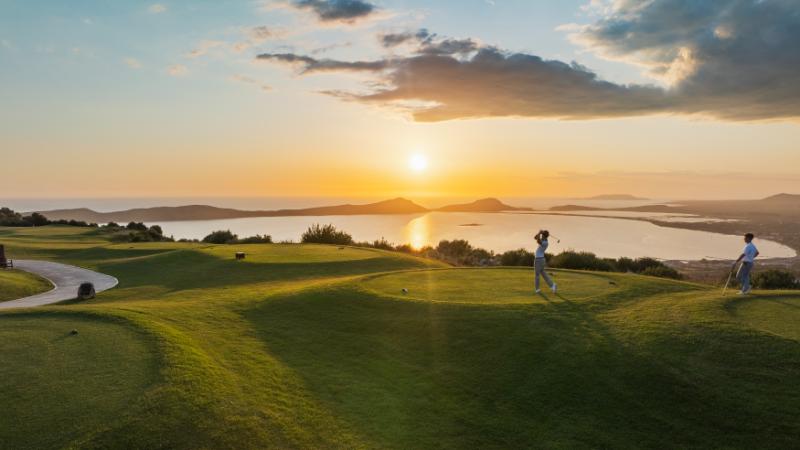 Golf course landscape at Costa Navarino with fairways and sea views in the distance