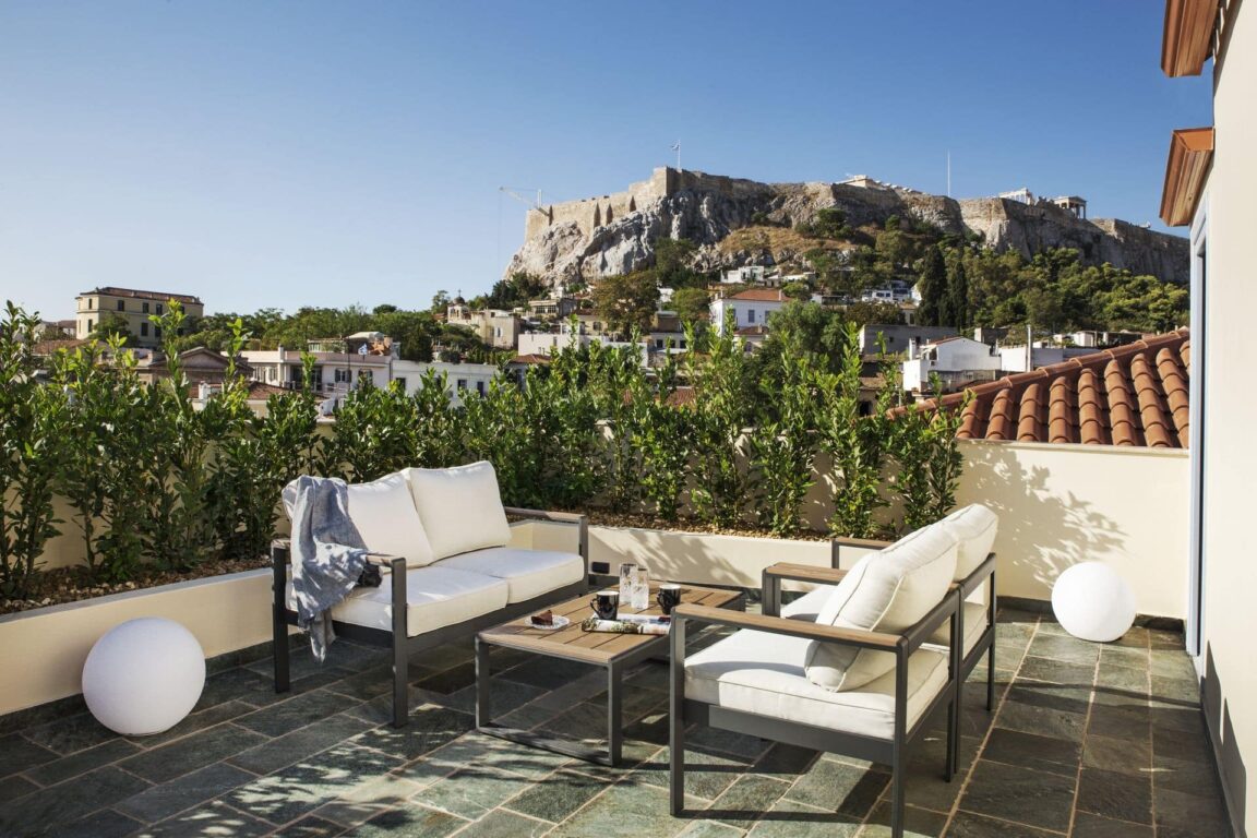 Private terrace with historic centre views at A77 Suites in Plaka, Athens
