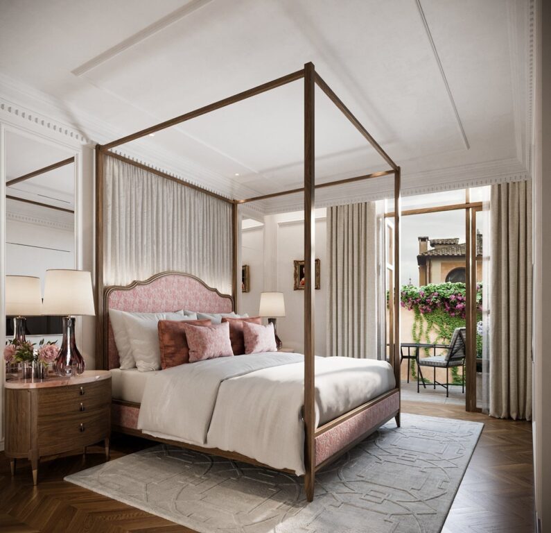 Guest room at Corinthia Rome with restored architectural features and modern Italian interiors