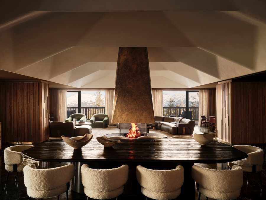 Lobby interior at Rosewood Courchevel featuring alpine-inspired materials