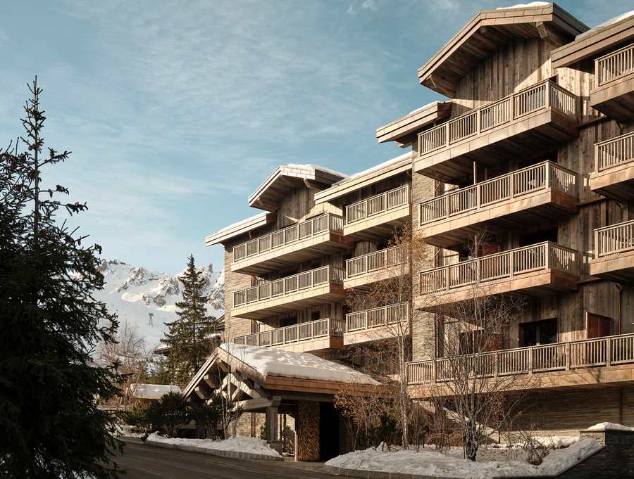 Rosewood Courchevel Le Jardin Alpin exterior in Courchevel 1850 with ski-in ski-out access
