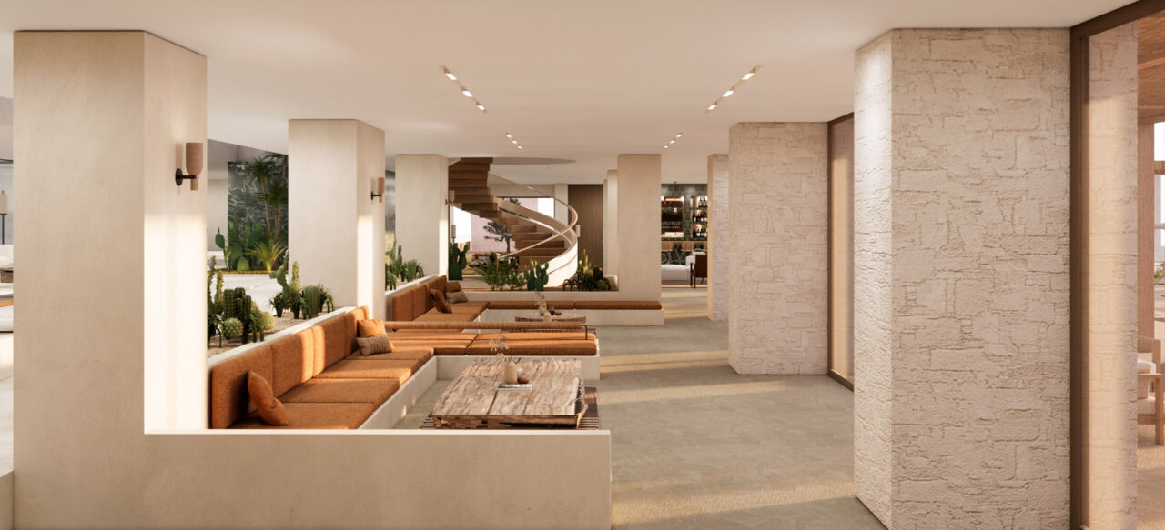 Outdoor spaces at the redesigned Tinos Beach hotel in Tinos