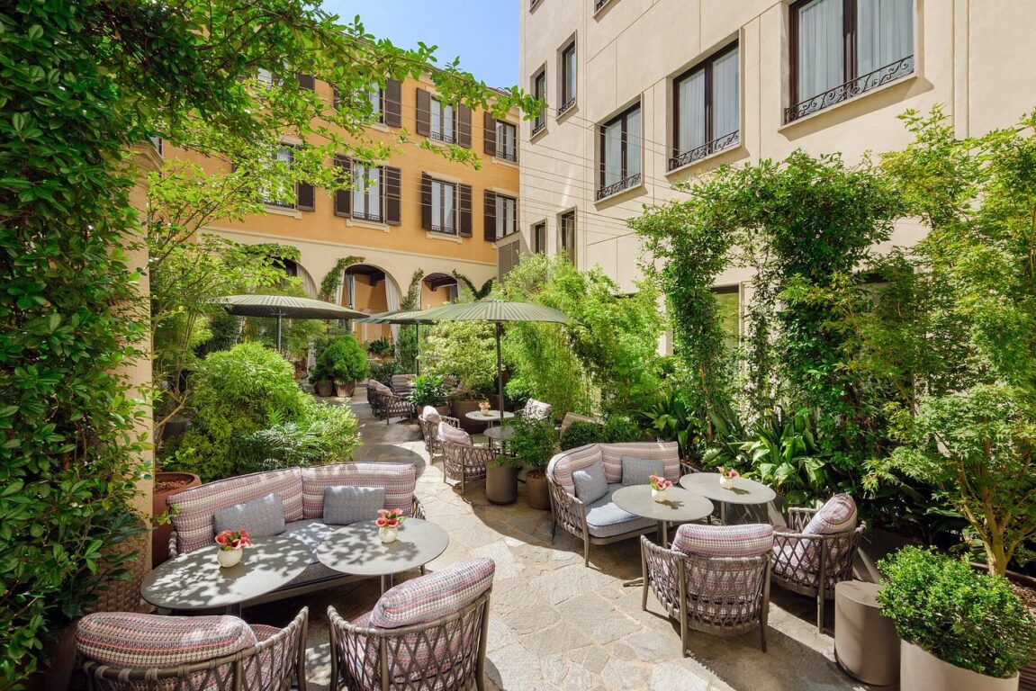 Garden courtyard at Mandarin Oriental Milan where Simone Biles introduced the wellness partnership